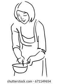 Cooking mom vector sketch. Black and white simple drawing of woman in an apron holding a ladle in her hand. In the kitchen. Isolated above white background.