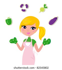 Cooking Mother jugglery with Vegetable, isolated on white Woman preparing Healthy Food - retro vector cartoon Illustration.