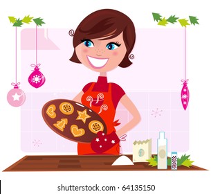 Cooking mother preparing christmas cookies in kitchen. Vector Illustration