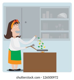 Cooking Mother showing something about cooking. Vector cartoon illustration.