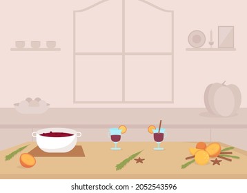 Cooking mulled wine flat color vector illustration. Preparing homemade alcoholic drink. Hot punch. Home kitchen with cooking ingredients 2D cartoon interior with no people on background
