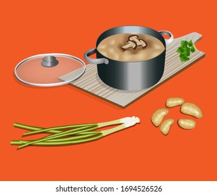 cooking mushroom soup with potatoes, green onions and parsley vector illustration