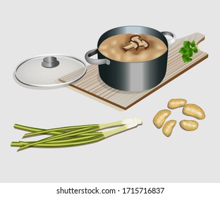 cooking mushroom soup with potatoes, green onions and parsley, vector illustration, grey background