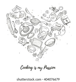 Cooking Is My Passion. Baking Tools In Heart Shape. Recipe Book Background Concept. Poster With Hand Drawn Kitchen Utensils. 