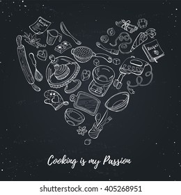 Cooking is my passion. Baking tools in heart shape. Recipe book background concept. Poster with hand drawn kitchen utensils. 