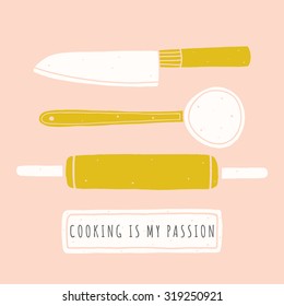 Cooking is my passion. Kitchen design. Doodle vector utensils. Elements for cooking