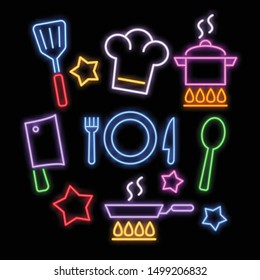 cooking neon icons, vector neon glow on dark background