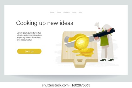 Cooking up new ideas. Chef comes up with recipe. Character slices bright bulb by big knife. Landing page, green and yellow colored conceptual vector illustration EPS 10 isolated on white