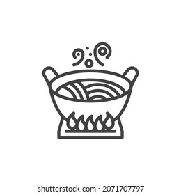 Das Symbol für die Linie Kochen von Nudeln. lineares Stilzeichen für mobiles Konzept und Webdesign. Nudeln Pfanne auf Gasherd Umriss Vektorsymbol. Symbol für asiatisches Restaurant, Logo-Abbildung. Vektorgrafik