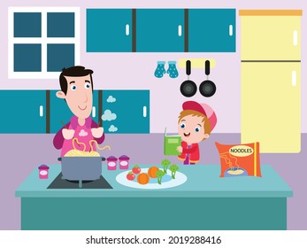 Cooking Noodles vector concept. Happy little boy cartoon character and his father cooking noodles together in the kitchen at home