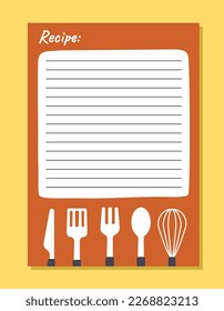 Cooking note concept. Place to record recipe. Notepad sheet with knife, fork, spoon and mixer pattern. Cooking, routine and household chores. Cartoon flat vector illustration