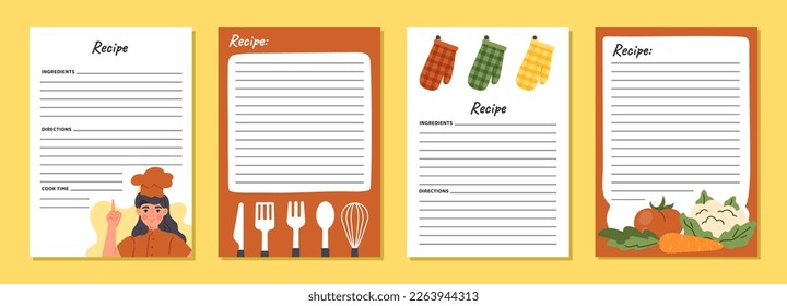 Juego de notas de cocina. Colección de elementos gráficos para el sitio web. Láminas para escribir recetas e ingredientes para la preparación. Ilustraciones de caricaturas de vectores planos aisladas en fondo amarillo