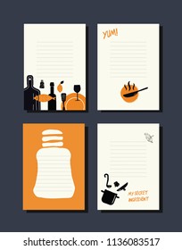 Cooking notes. Set of templates with illustration of kithcen utensils and food. Idea for notebook, recipes, planner stickers, diary. Pop art style. 
