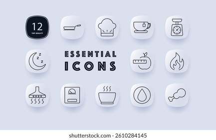 Cooking and nutrition set icon. Frying pan, chef hat, tea cup, kitchen scale, sleep moon, apple measure, flame, ventilation hood, weight scale, hot soup, droplet, chicken leg