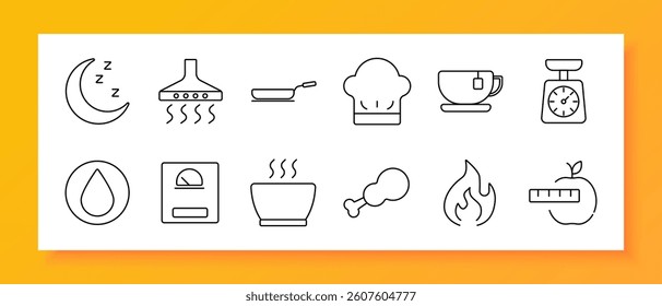 Cooking and nutrition set icon. Outline icons of moon, hood, pan, chef hat, tea cup, scale, bowl, chicken leg, flame, apple with ruler, drop, weight meter in linear style.