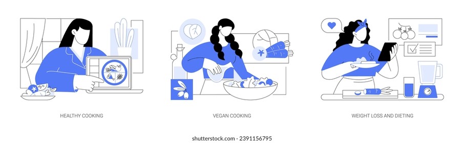 Taller de cocina y nutrición aislado ilustraciones de vectores de dibujos animados. Mujer viendo una conferencia nutricionista, preparando comida vegana, pérdida de peso y vlog de dieta, haciendo dibujos animados vectores de comida saludable.