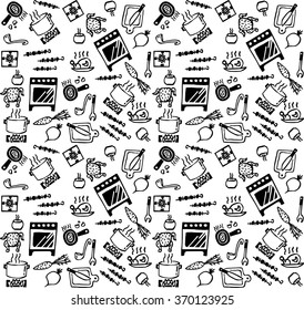 Iconos de objetos de cocina patrón transparente en blanco y negro. Ilustración vectorial monocromática. EPS8