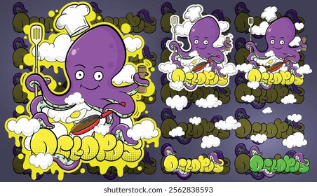 Cooking octopus mascot illustration design 1 set, sticker design, t-shirt, poester etc, full vector, eps 10, editable.