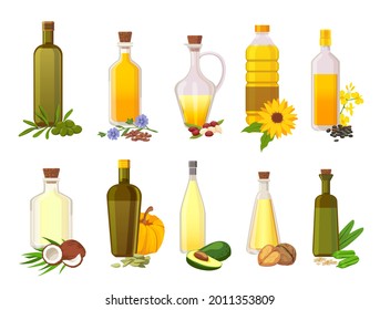 Cooking oil bottles. Natural vegetable, olive, sunflower, avocado and coconut virgin organic oils in glass with ingredient plants vector set. Illustration bottle olive or avocado oil