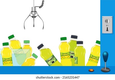 Cooking oil fished with gripper arm of the gripper machine, Bottles with German Labels „Sonnenblumenöl, Olivenöl“  translated: sunflower oil, olive oil.
Vector illustration isolated on white backgroun