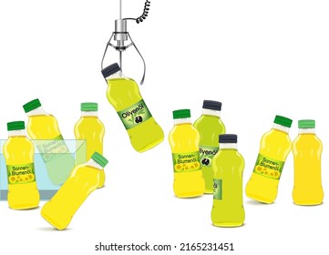 Cooking oil fished with gripper arm of the gripper machine, Bottles with German Labels „Sonnenblumenöl, Olivenöl“  translated: sunflower oil, olive oil.
Vector illustration isolated on white backgroun