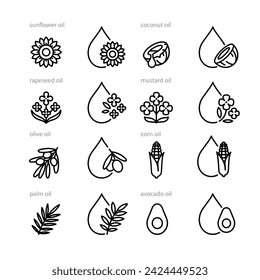 Cooking oil icon set - sunflower, coconut, palm, rapeseed, mustard, avocado, olive, corn oil. Linear illustration of various agriculture oilseeds crops and symbols of oil. Minimalist style, editable s