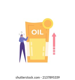 cooking oil prices rose. a woman or mothers are confused because the price of cooking oil is expensive. economy problem. flat cartoon illustration. concept design. element