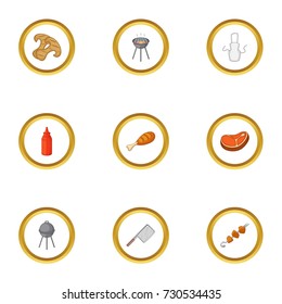 Cooking on barbecue icons set. Cartoon style set of 9 cooking on barbecue vector icons for web design