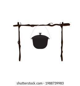 Cooking on campfire. Brown cauldron kettle over fire with wood, outdoor nature picnic with bonfire dinner or hiking cook symbol. Hot food. 