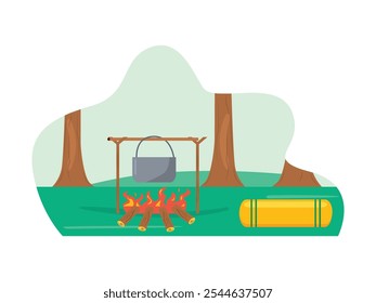 Kochen auf einem Lagerfeuer in der Mitte des Waldes, überleben. Zeichendesign. Flache Vektorgrafik