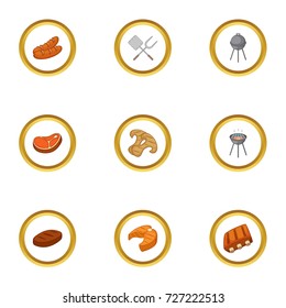 Cooking on fire icons set. Cartoon style set of 9 cooking on fire vector icons for web design
