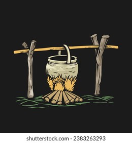cooking on fire in pot and campfire vector