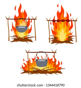 Cooking on a fire in a pot. cauldron and campfire. Set Camp lunch. Hot red and orange flames. Barbecue and barbecue on a stick. Forest branch. Cartoon flat illustration