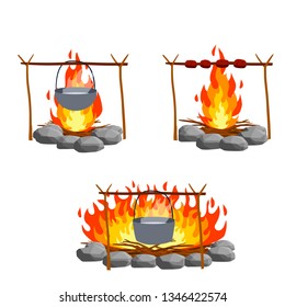 Cooking on a fire in a pot. cauldron and campfire with stone. Set Camp lunch. Hot red and orange flames. Barbecue and barbecue on a stick. Forest branch. Cartoon flat illustration