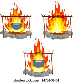 Cooking on a fire in a pot. cauldron and campfire. Set Camp lunch. Hot red and orange flames. Barbecue and barbecue on a stick. Forest branch. Cartoon flat illustration