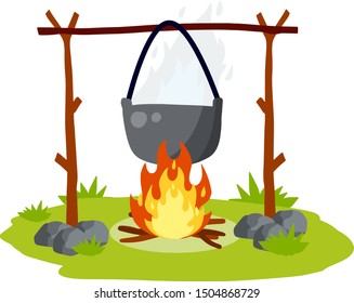 Cooking on fire in pot. cauldron and campfire. Camp lunch. Hot red and orange flames. Cartoon flat illustration. Outdoor Grass, branch and stones.
