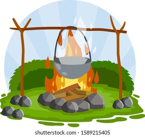 Cooking on fire in pot. cauldron and campfire. Camp lunch. Cartoon flat illustration. Outdoor Grass, branch and stones. Hot red and orange flames