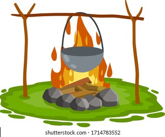 In den Topf kochen. Kessel und Lagerfeuer. Heiße Rot- und Orangenflamen. Gras, Ast und Steine im Freien. Mittagessen im Lager. Cartoon-Flachgrafik