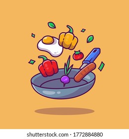 Cooking On Frying Pan Cartoon Vector Icon Illustration. Food Icon Concept Isolated Premium Vector. Flat Cartoon Style