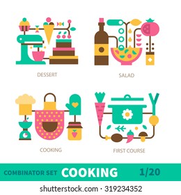 Cooking on the kitchen: all types of dishes. Vegetables for the soup, ingredients for the salad, delicious bakery, dessert and beverages. Vector flat icon and illustration set
