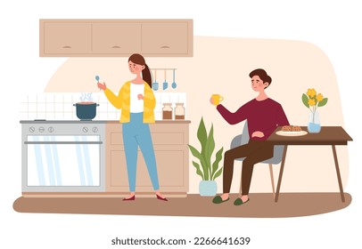 Cooking on kitchen with character. Woman standing by stove, next to pot of soup. Man sits at table with mug of coffee or tea and croissant. Family lunch or dinner. Cartoon flat vector illustration