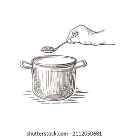 Cooking on kitchen. Soup or porridge. Vintage pot, hand and spoon. Hand drawn sketch. Vector graphic illustration