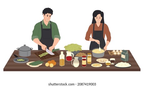 Cocinando en la mesa de la cocina. Un hombre y una mujer sonrientes preparan comida en la cocina a partir de masa, verduras, huevos, aceite, cereales y otros alimentos. Ilustración vectorial plana aislada en fondo blanco.