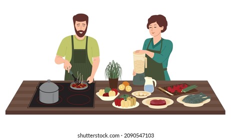 Cooking on the kitchen table. Smiling man and woman prepare food in the kitchen from dough, vegetables, eggs, oil, cereals and other food. Flat vector illustration isolated on white background.