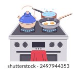 Cooking on stove. Boiling water, fried eggs in pan and boiling kettle on gas cooker, food preparing flat vector illustration. Breakfast or dinner cook on gas stove