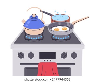 Cooking on stove. Boiling water, fried eggs in pan and boiling kettle on gas cooker, food preparing flat vector illustration. Breakfast or dinner cook on gas stove