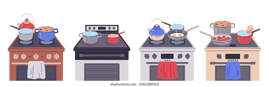 Cooking on stove burners. Food preparing, boiling pasta, hot soup and fried eggs on gas and electric cookers flat vector illustration set. Home food cooking on stoves