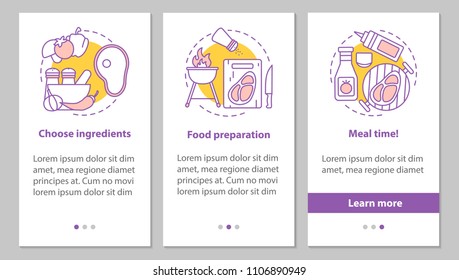 Cooking onboarding mobile app page screen with linear concepts. Choosing ingredients, food preparation, meal time steps graphic instructions. UX, UI, GUI vector template with illustrations