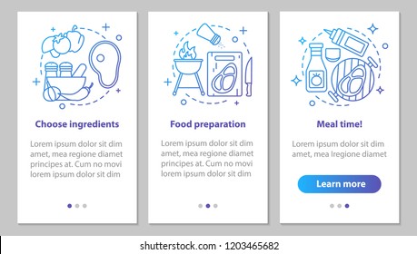 Cooking onboarding mobile app page screen with linear concepts. Choosing ingredients, food preparation, meal time steps graphic instructions. UX, UI, GUI vector template with illustrations