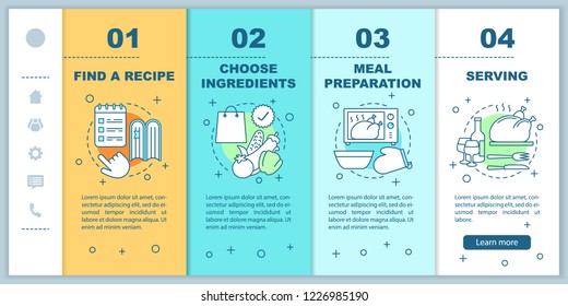 Cooking onboarding mobile web pages vector template. Meal preparation. Dinner. Responsive smartphone website interface idea with linear illustrations. Webpage walkthrough step screens. Color concept